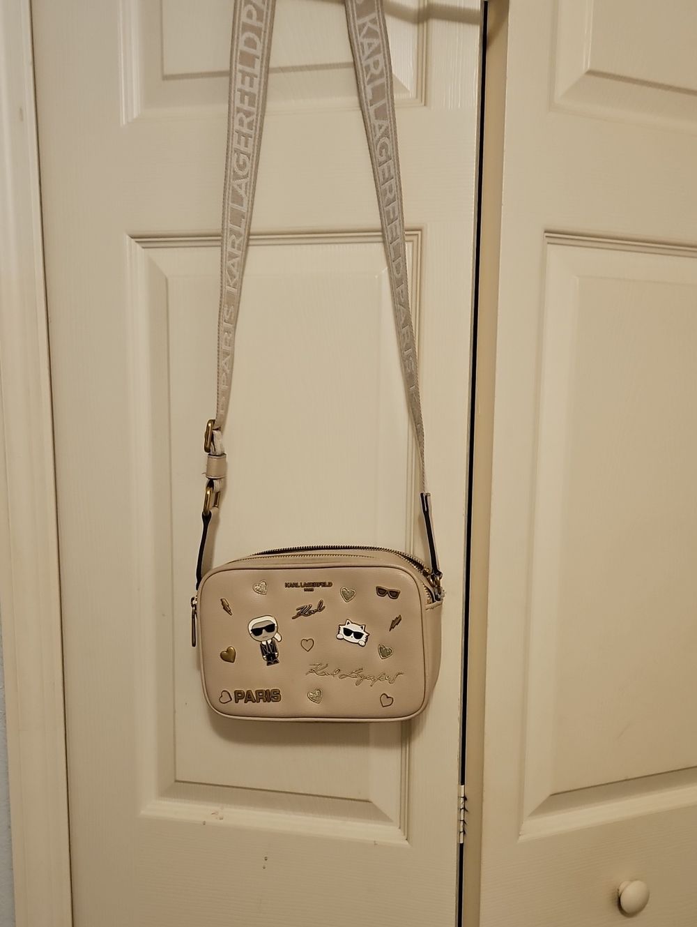 Karl Lagerfeld Beige Crossbody Bag with Logo Strap and Charms